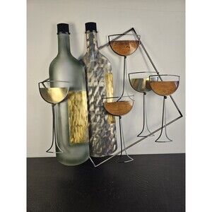 Vintage BRUTALIST WINE BOTTLE + GLASSES Metal Wall Art Sculpture att Curtis Jere